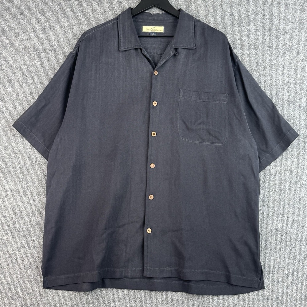 Tommy Bahama Silk Button Up Shirt Mens L Black Herringbone Vacation Short Sleeve